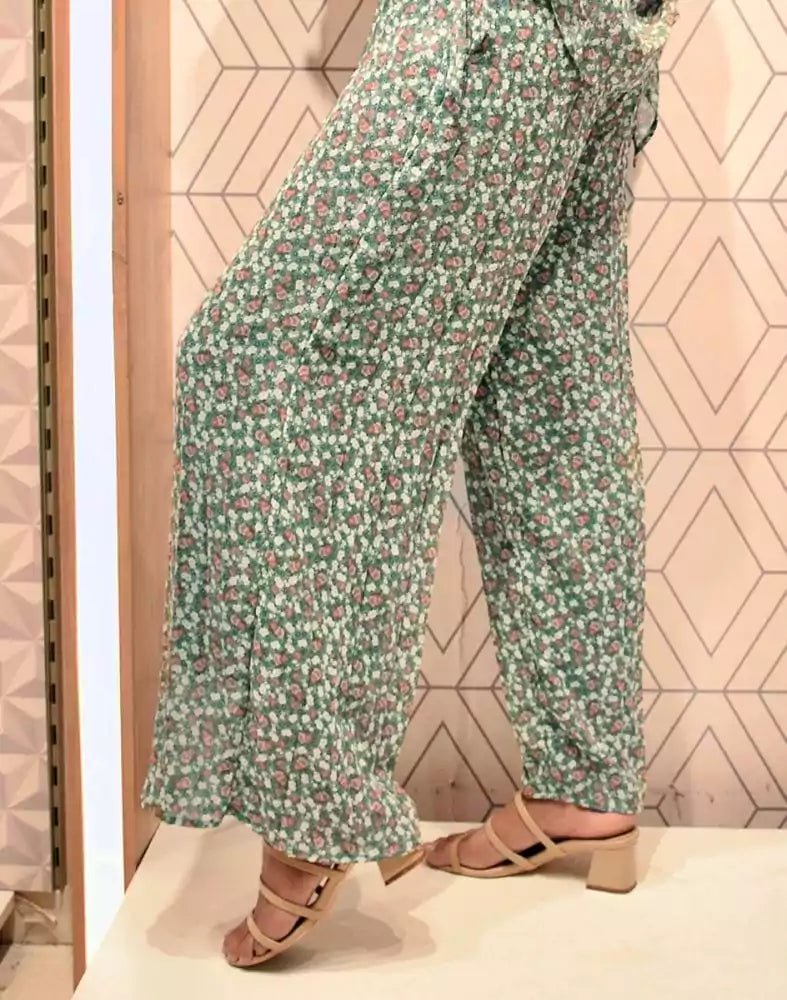 Image of Green Floral Print Chiffon Jumpsuit with Jacket - South India Shopping Mall