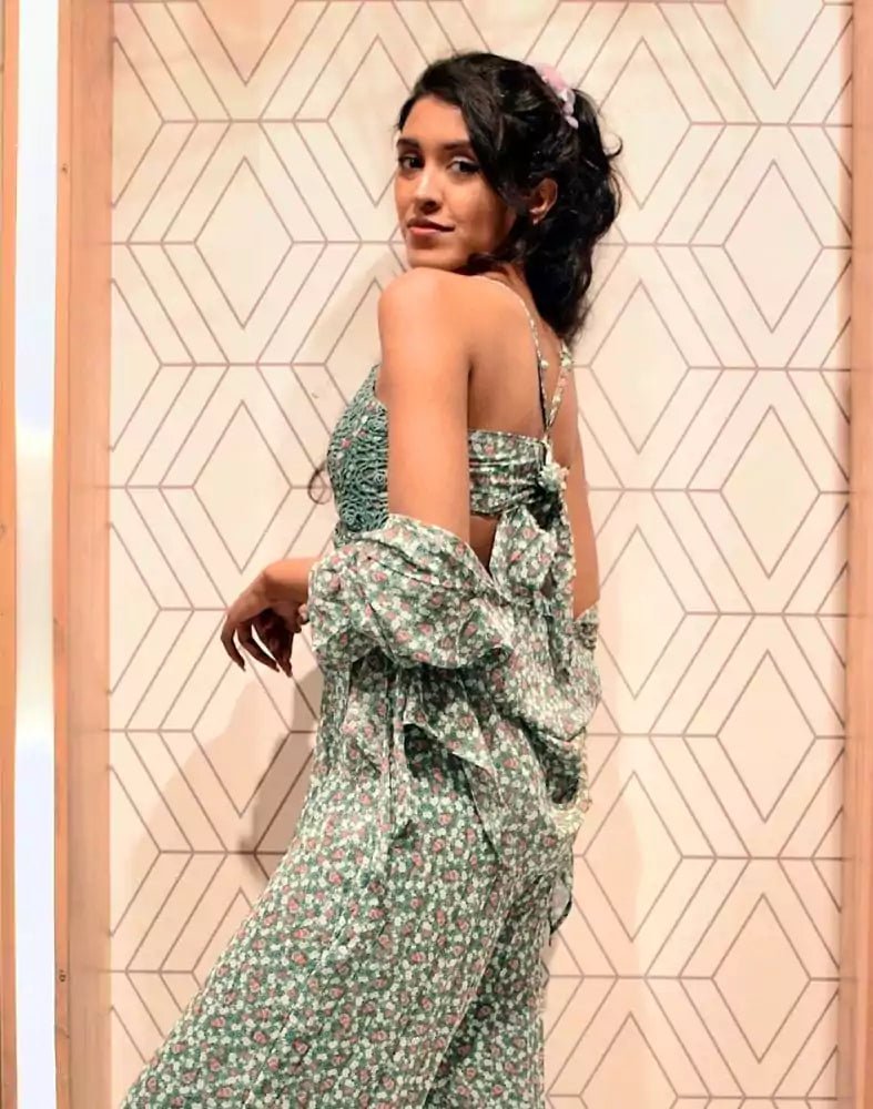 Image of Green Floral Print Chiffon Jumpsuit with Jacket - South India Shopping Mall
