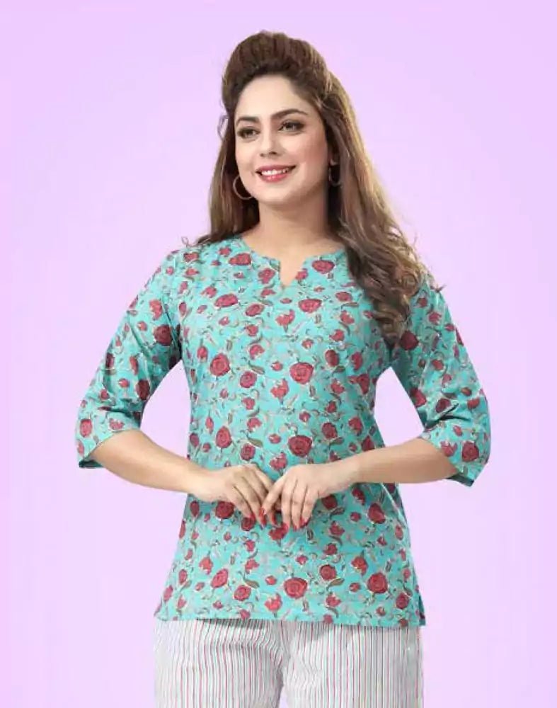 Image of Green Floral Printed Cotton Night Suit - South India Shopping Mall