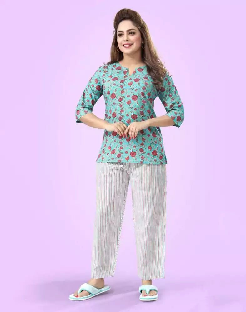 Image of Green Floral Printed Cotton Night Suit - South India Shopping Mall