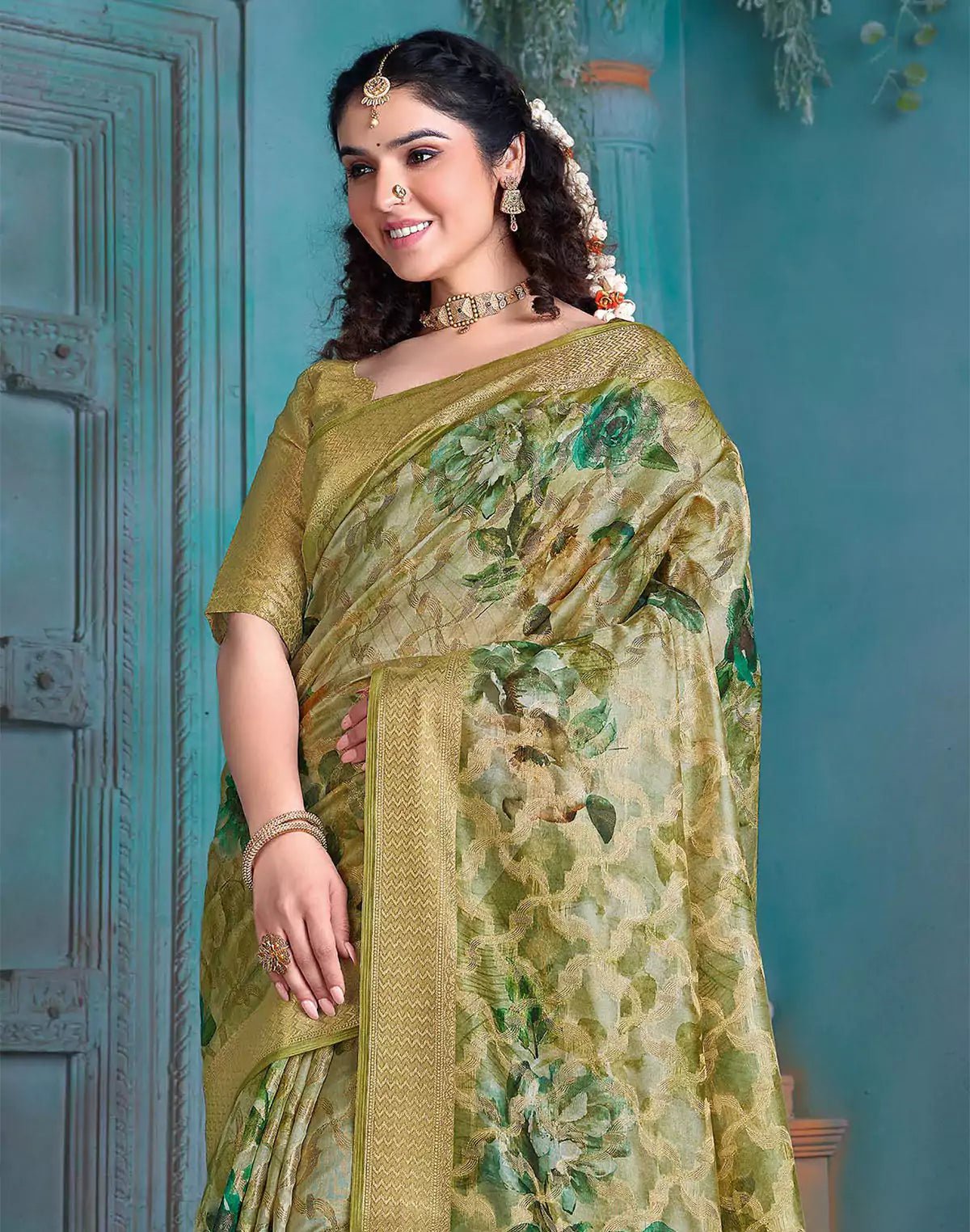 Image of Green Floral Woven Design Tissue Saree - South India Shopping Mall