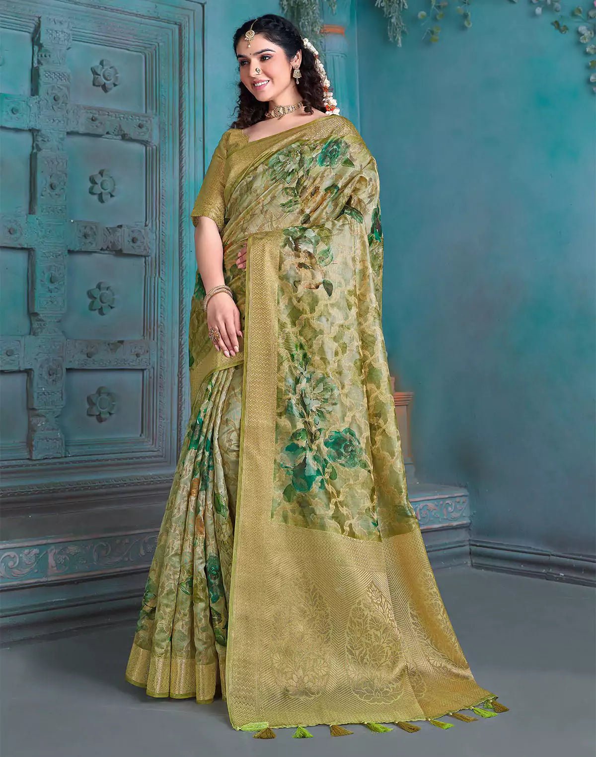 Image of Green Floral Woven Design Tissue Saree - South India Shopping Mall