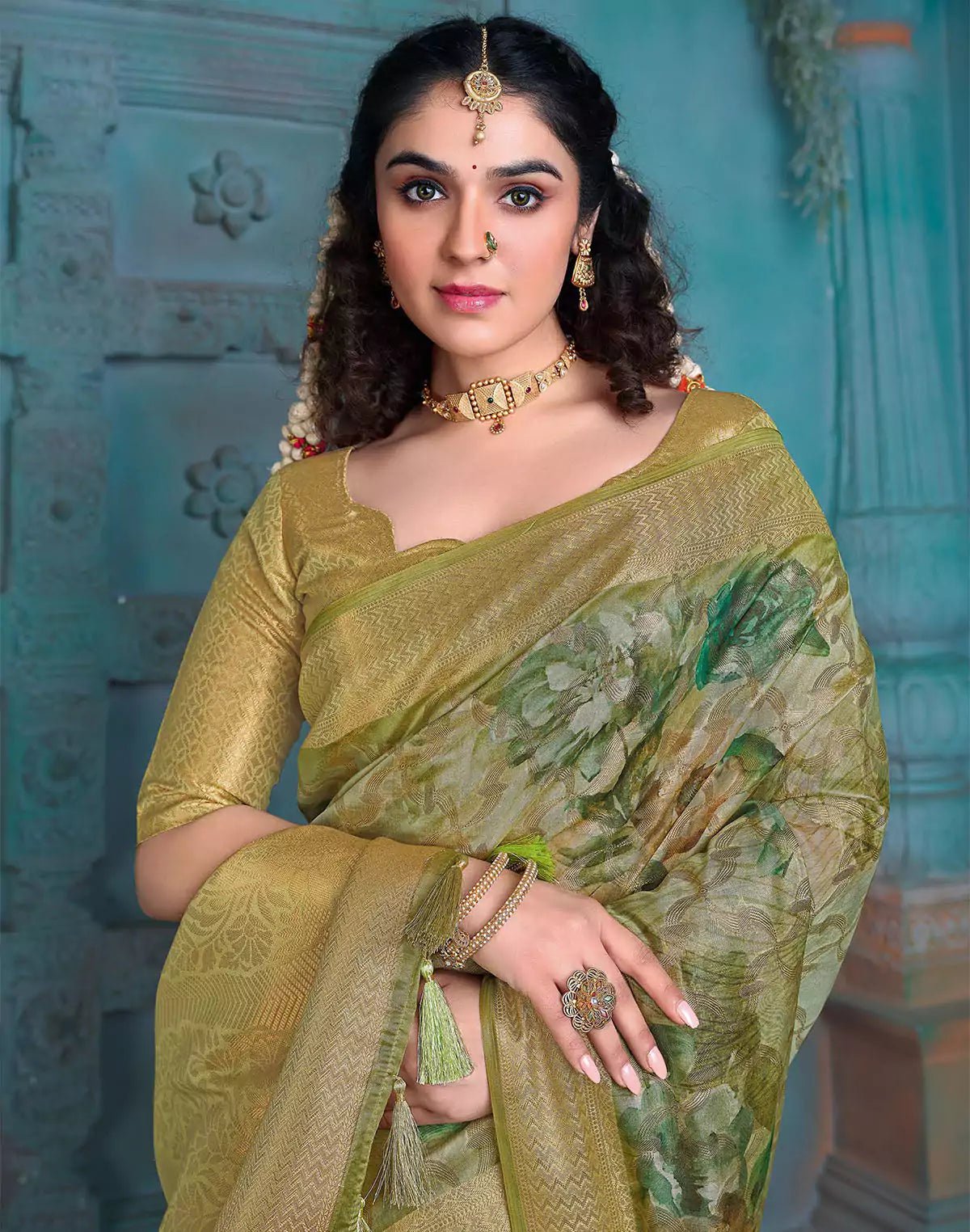Image of Green Floral Woven Design Tissue Saree - South India Shopping Mall