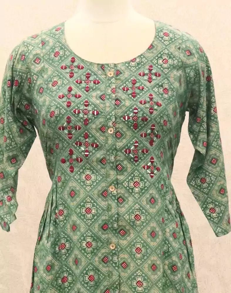 Image of Green Geometric Mirror work Silk Kurti - South India Shopping Mall