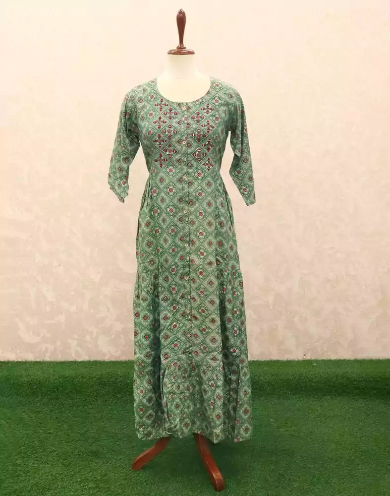 Image of Green Geometric Mirror work Silk Kurti - South India Shopping Mall