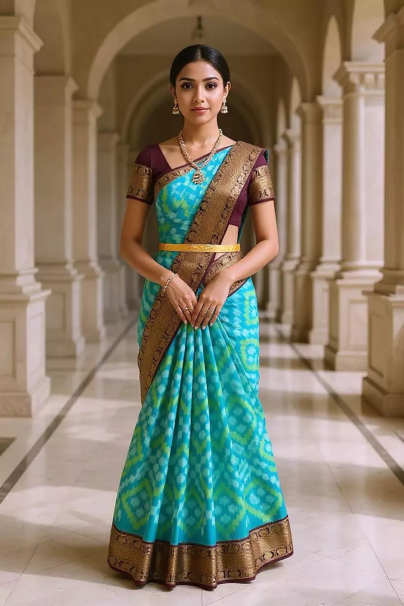 Image of Green Ikat Pure Silk Coimbatore Contrast Border Saree - South India Shopping Mall