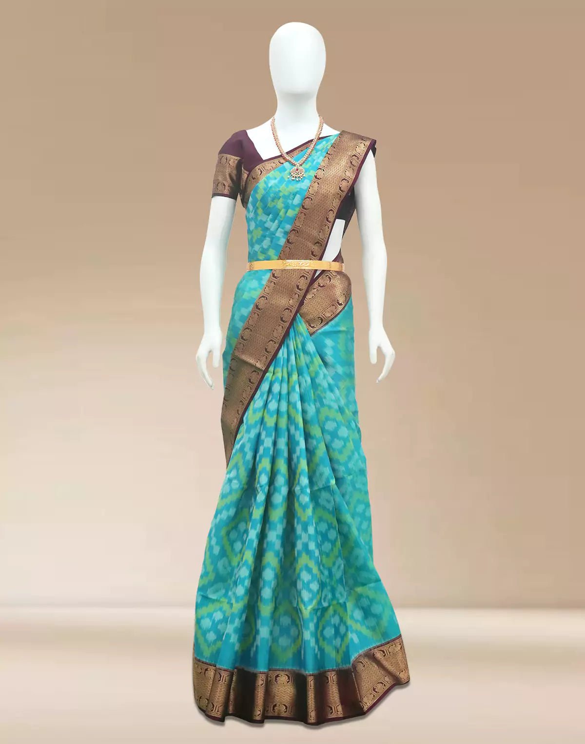 Image of Green Ikat Pure Silk Coimbatore Contrast Border Saree - South India Shopping Mall