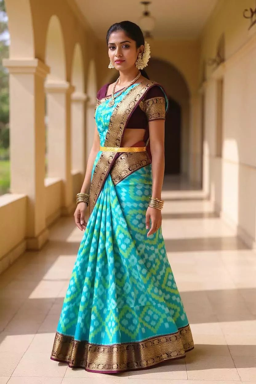 Image of Green Ikat Pure Silk Coimbatore Contrast Border Saree - South India Shopping Mall