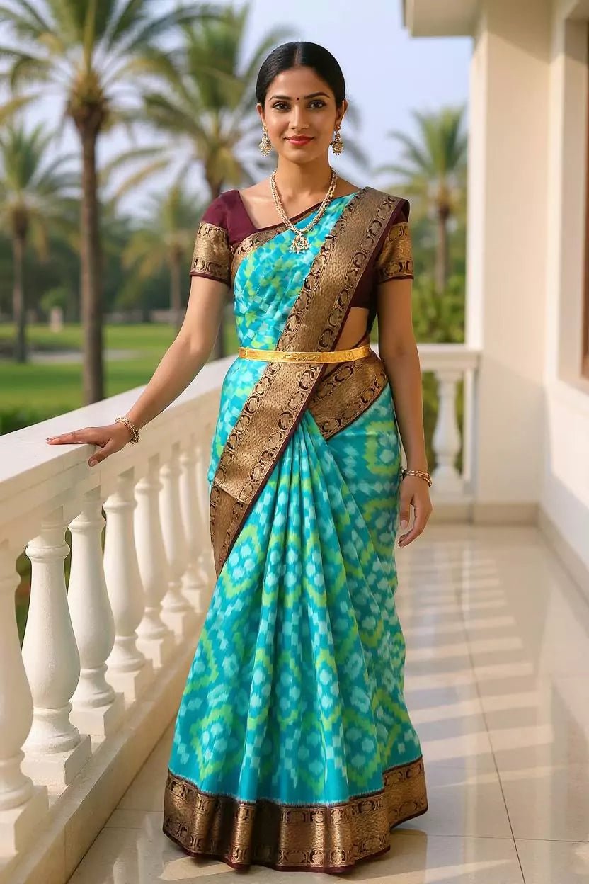 Image of Green Ikat Pure Silk Coimbatore Contrast Border Saree - South India Shopping Mall
