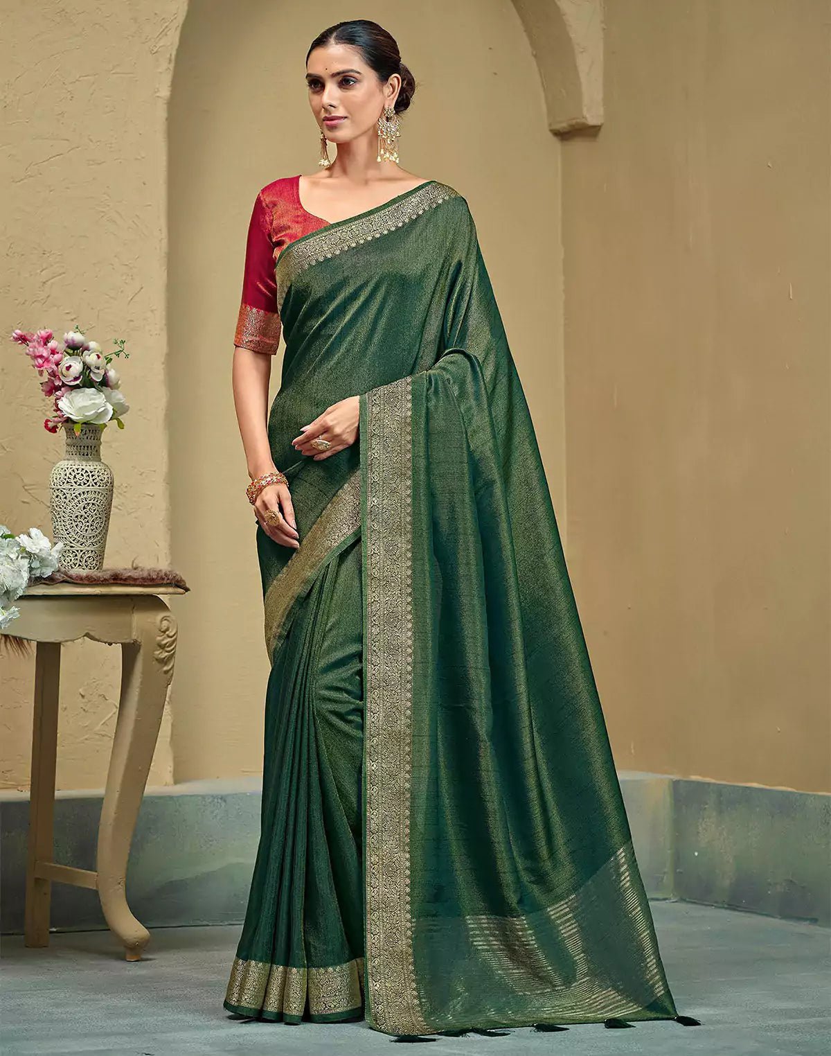 Image of Green Raw Silk Festive Saree - South India Shopping Mall