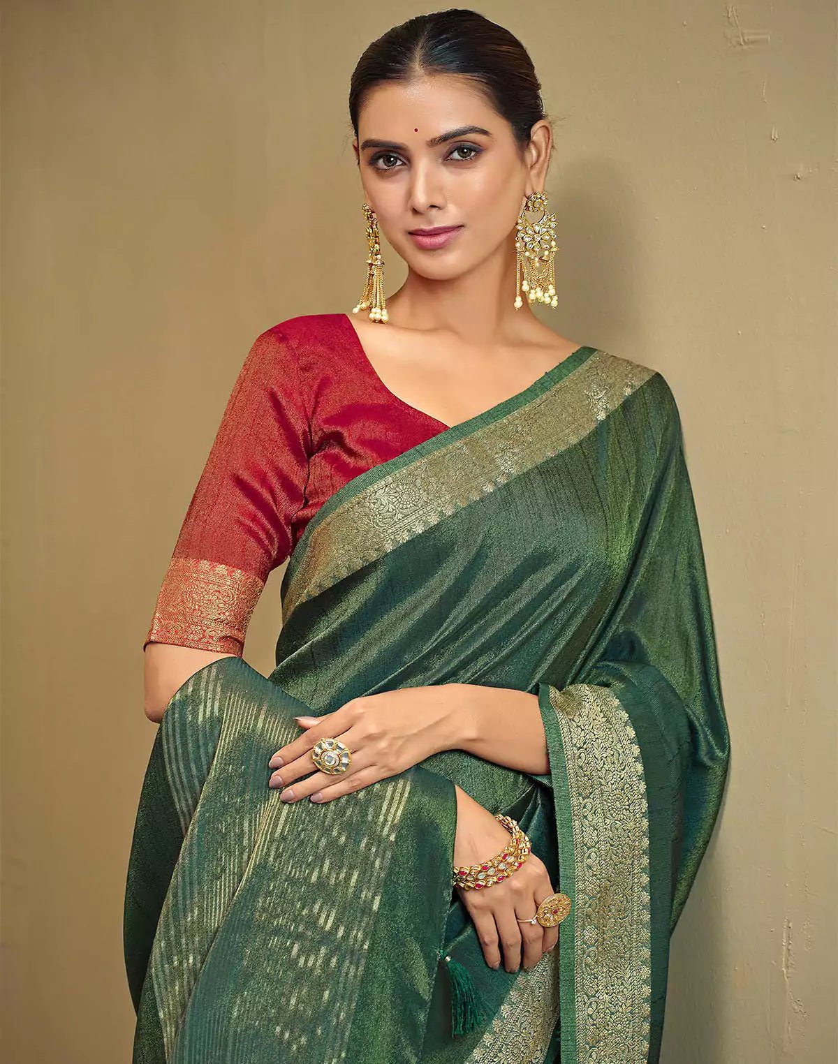 Image of Green Raw Silk Festive Saree - South India Shopping Mall