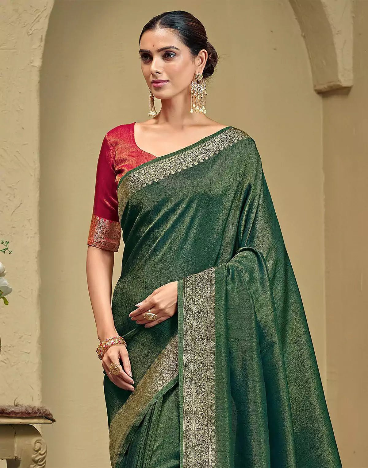 Image of Green Raw Silk Festive Saree - South India Shopping Mall