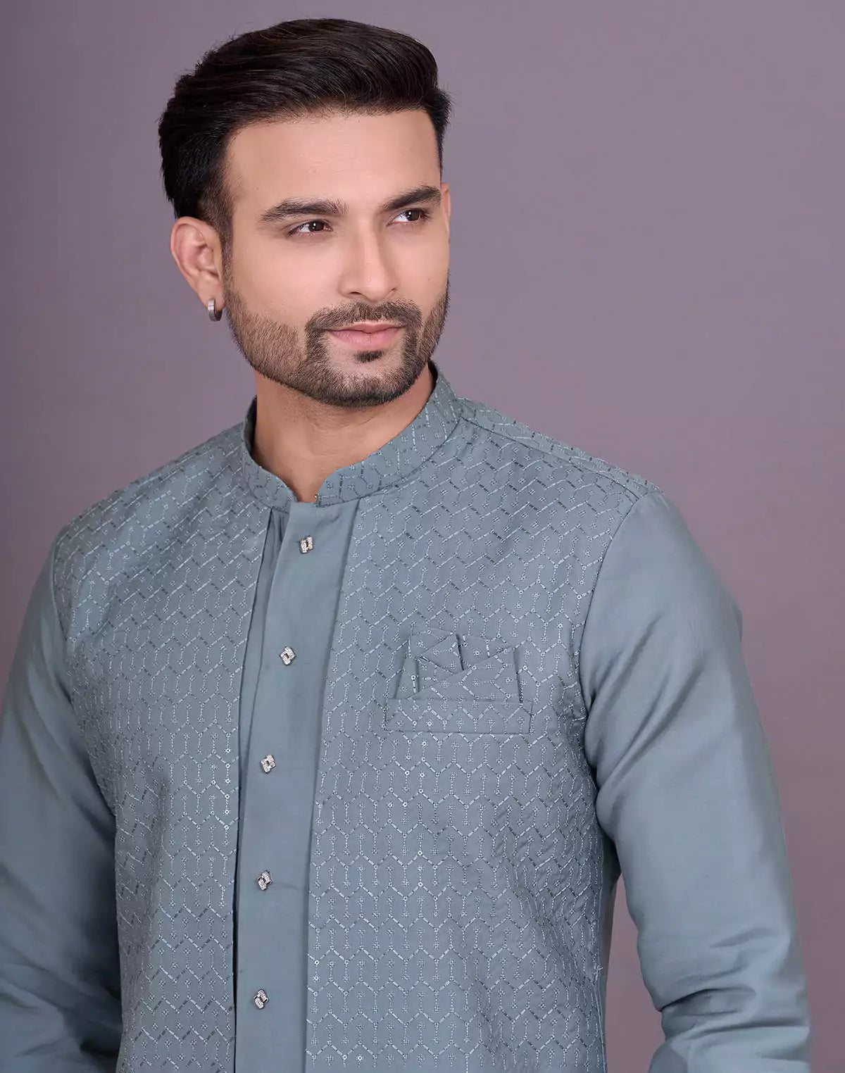 Image of Green Shade Self Thread Embroidery work Soft Silk Kurta Jacket Set - South India Shopping Mall