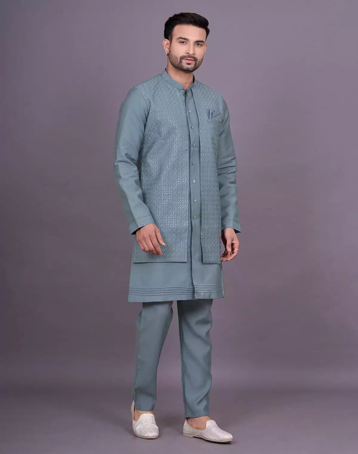 Image of Green Shade Self Thread Embroidery work Soft Silk Kurta Jacket Set - South India Shopping Mall