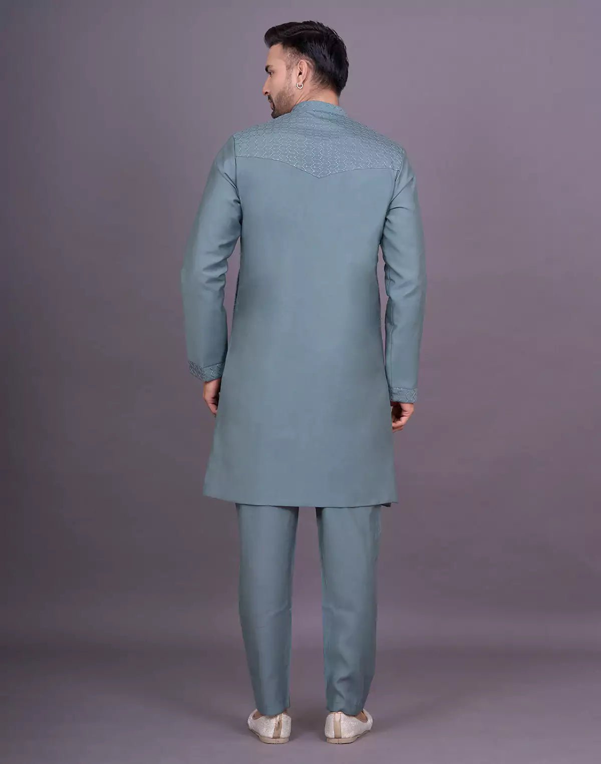 Image of Green Shade Self Thread Embroidery work Soft Silk Kurta Jacket Set - South India Shopping Mall