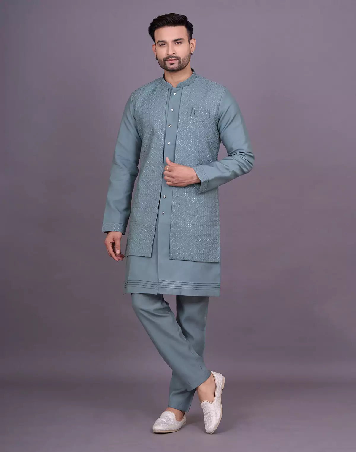 Image of Green Shade Self Thread Embroidery work Soft Silk Kurta Jacket Set - South India Shopping Mall