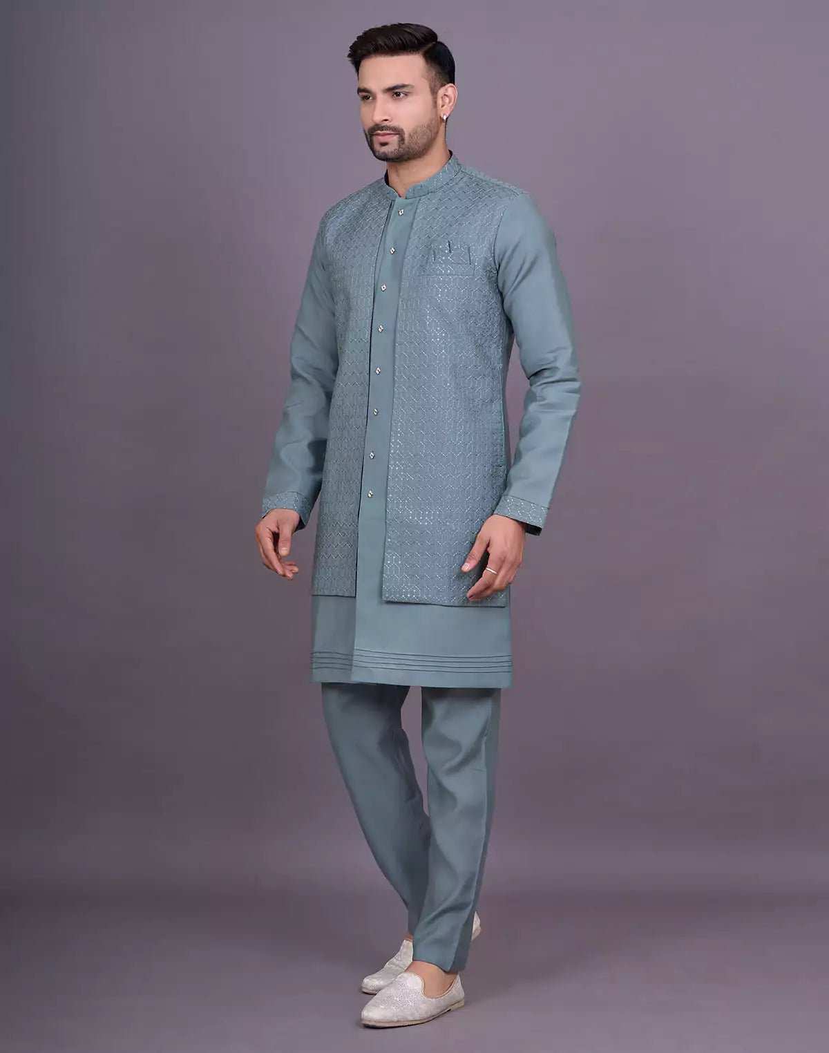 Image of Green Shade Self Thread Embroidery work Soft Silk Kurta Jacket Set - South India Shopping Mall