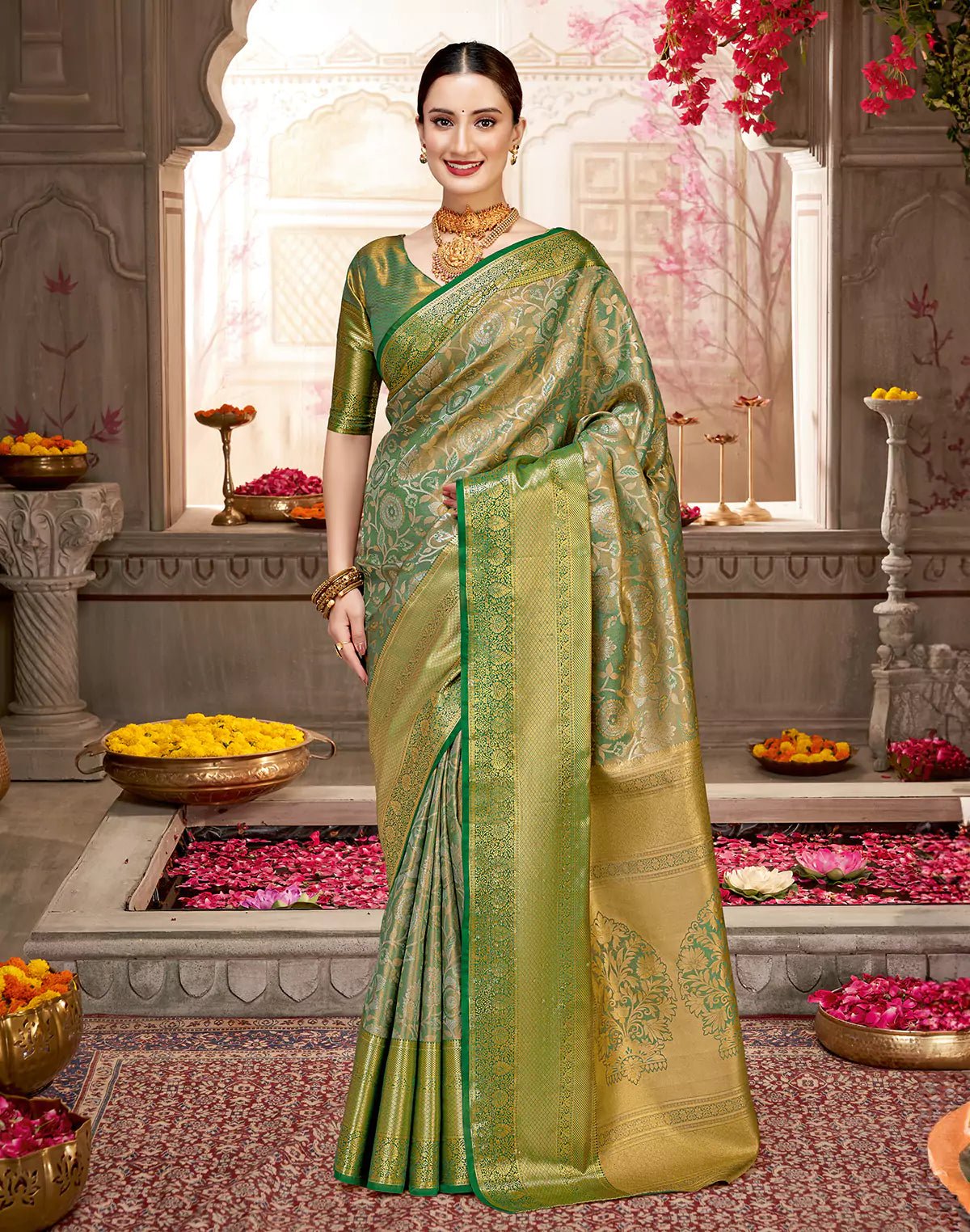 Green Skut Border Tissu Jaal Semi Silk Self Saree - South India Shopping Mall
