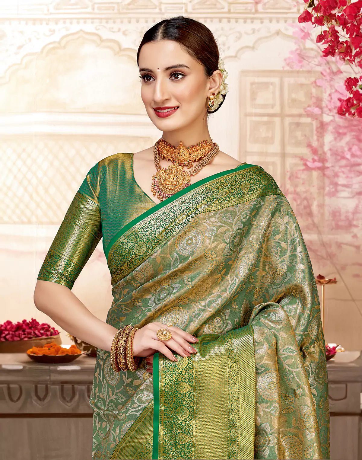 Image of Green Skut Border Tissu Jaal Semi Silk Self Saree - South India Shopping Mall