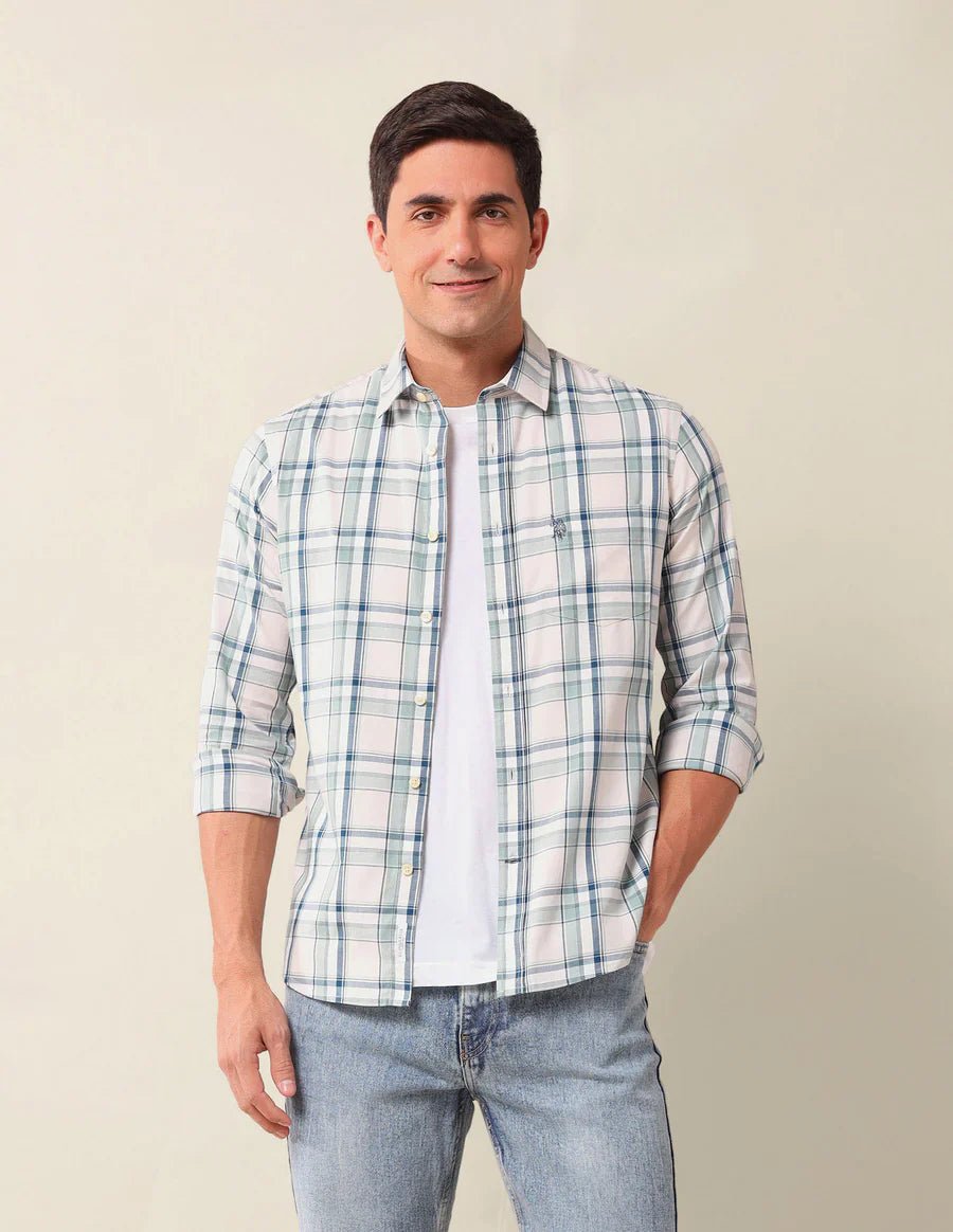 Image of Green Tartan Check Tailored Fit Cotton Stylish Shirt - South India Shopping Mall
