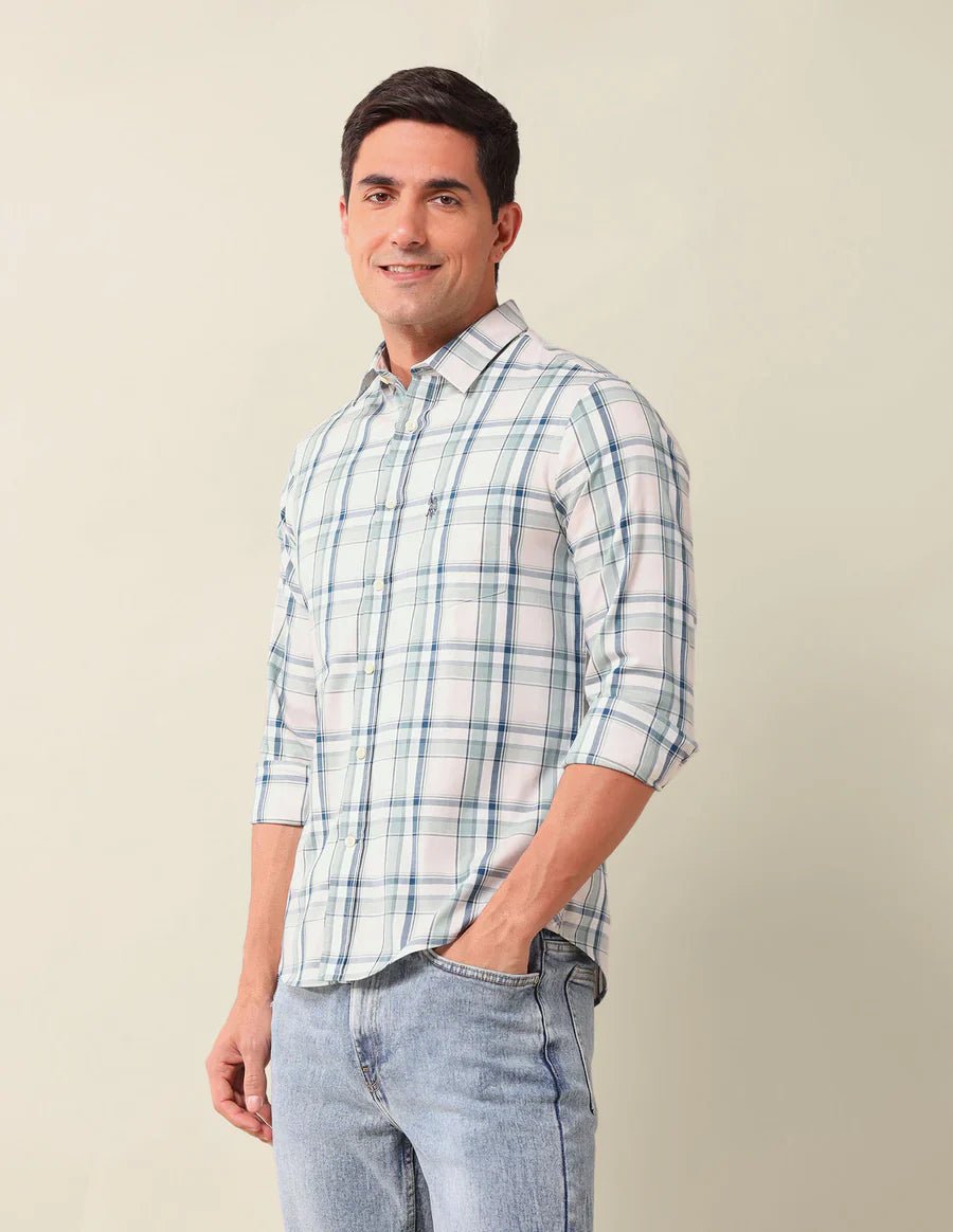 Image of Green Tartan Check Tailored Fit Cotton Stylish Shirt - South India Shopping Mall