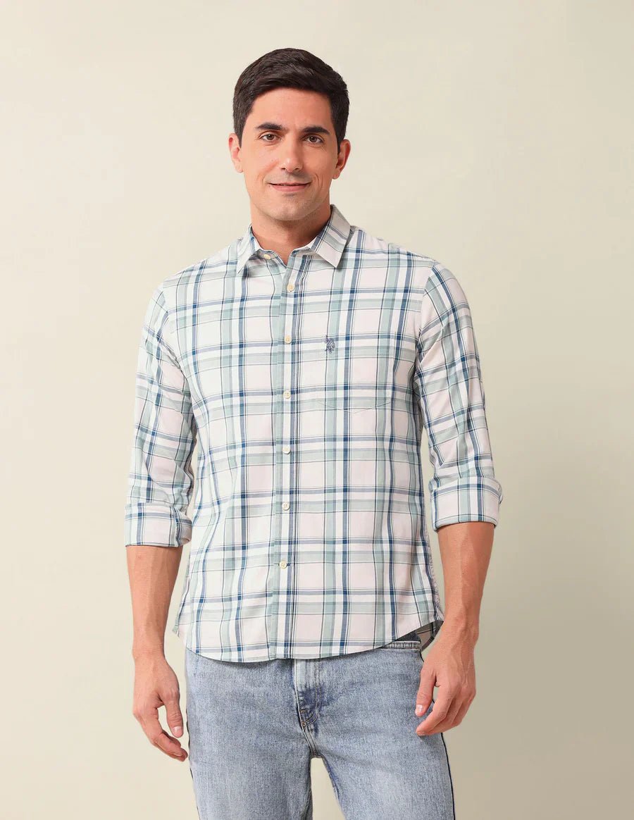 Image of Green Tartan Check Tailored Fit Cotton Stylish Shirt - South India Shopping Mall