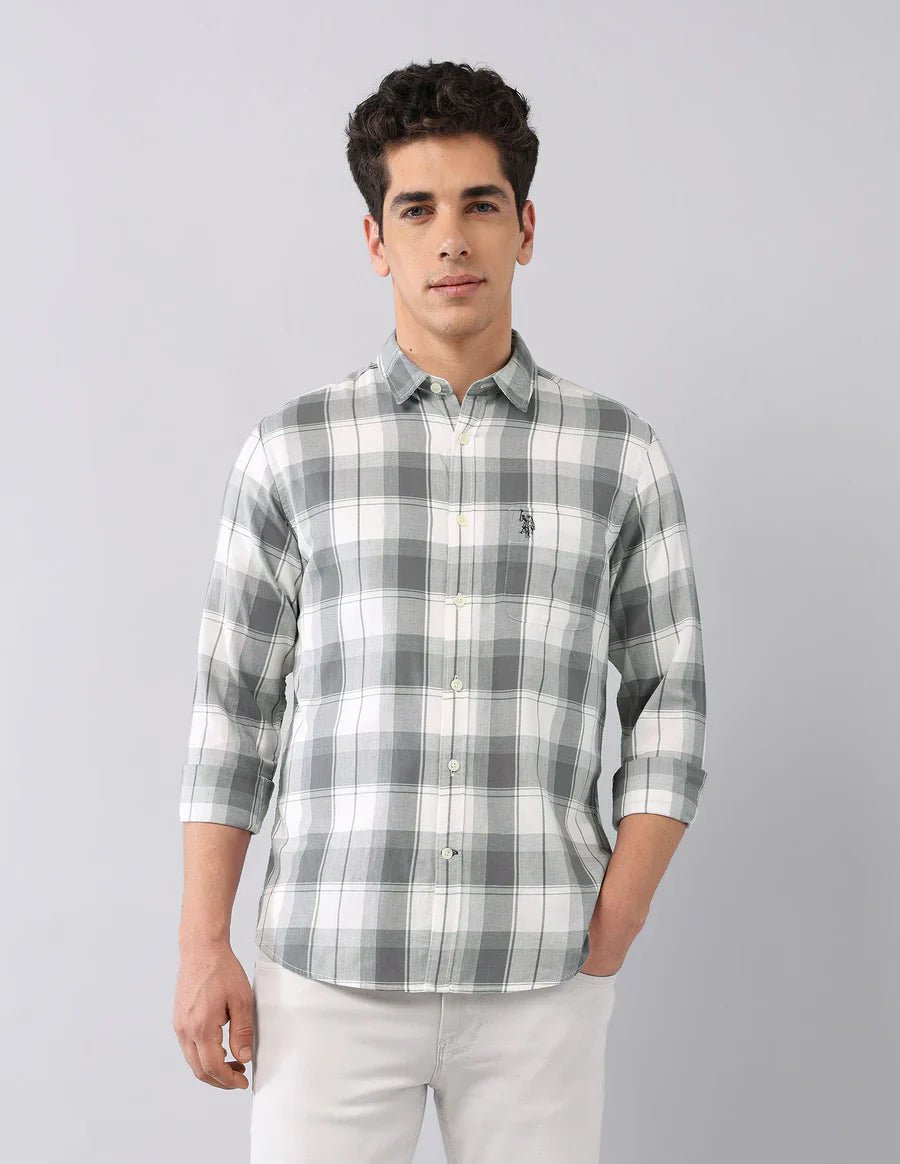 Image of Grey All Over Checked Cotton Classic Shirt - South India Shopping Mall