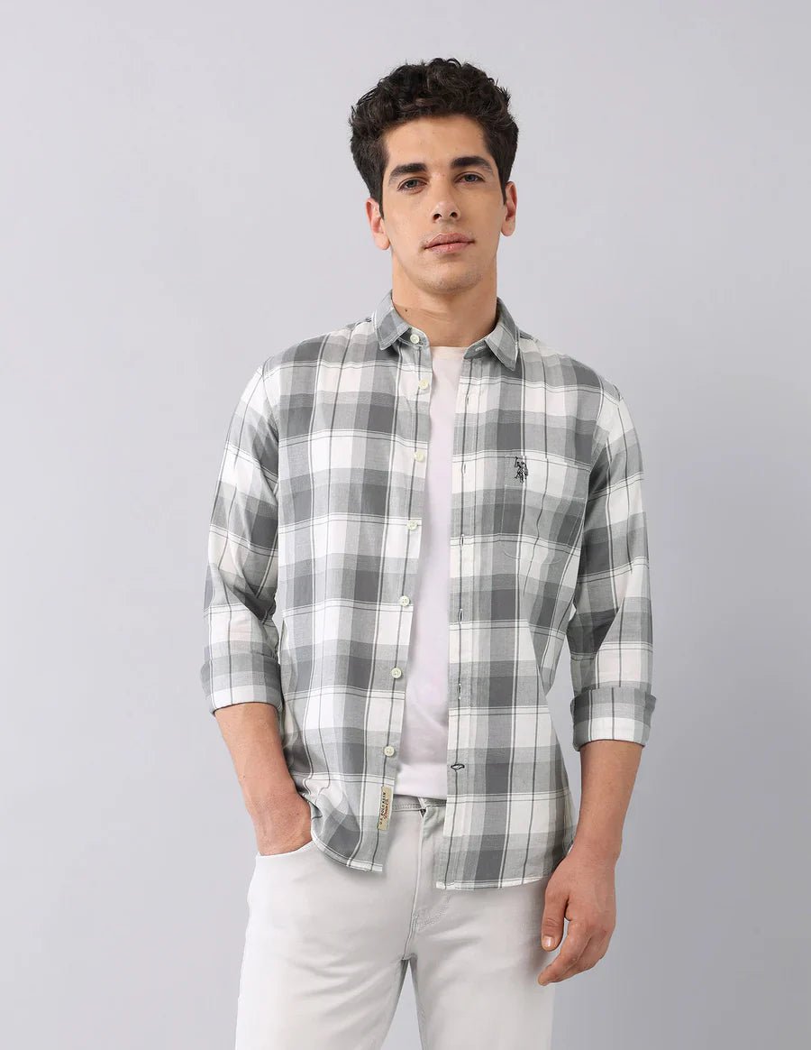 Image of Grey All Over Checked Cotton Classic Shirt - South India Shopping Mall