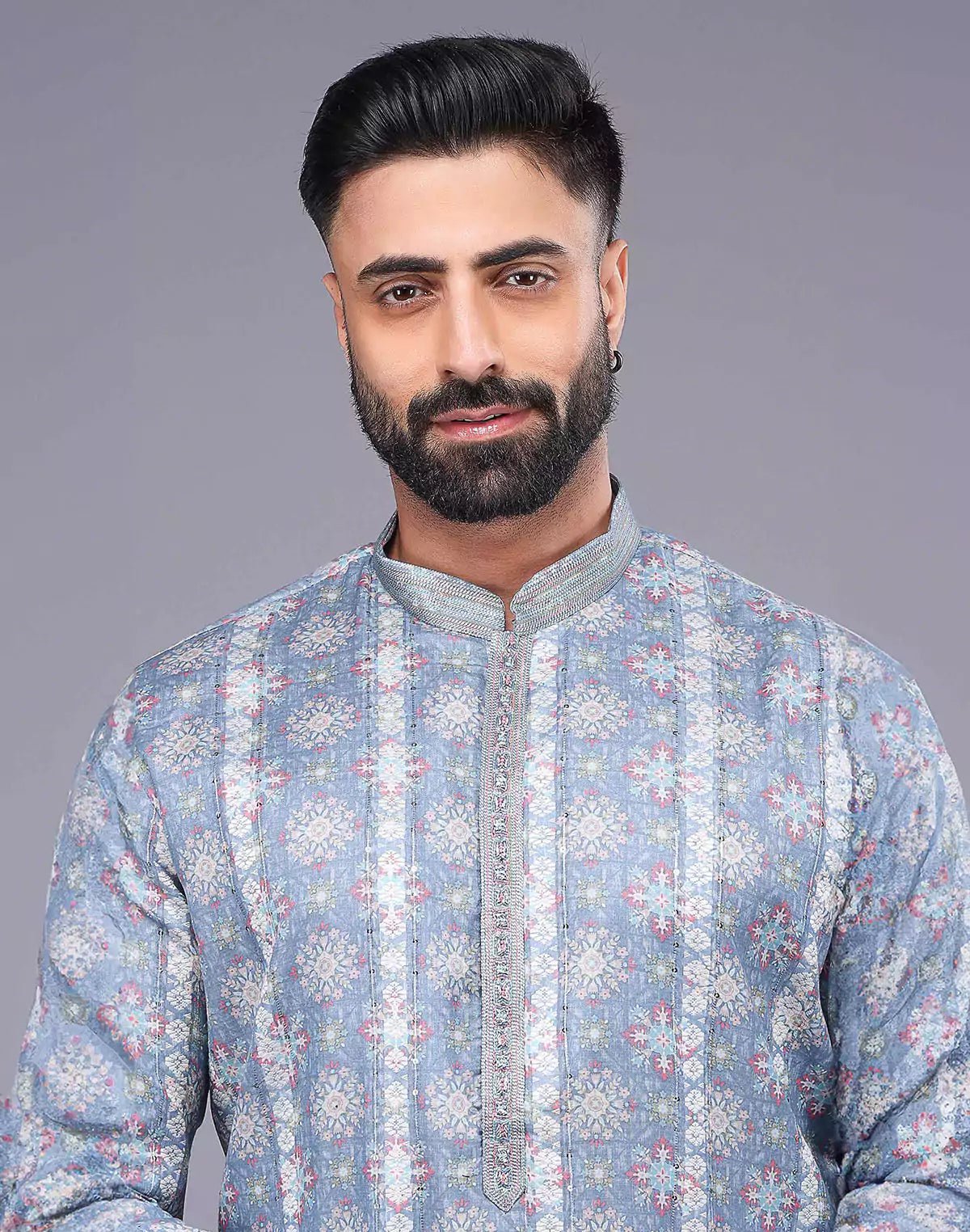 Image of Grey All Over Floral Print Soft Silk Kurta Pyjama Set - South India Shopping Mall