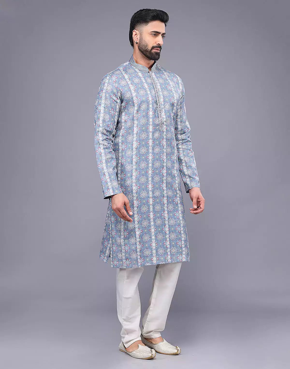 Image of Grey All Over Floral Print Soft Silk Kurta Pyjama Set - South India Shopping Mall