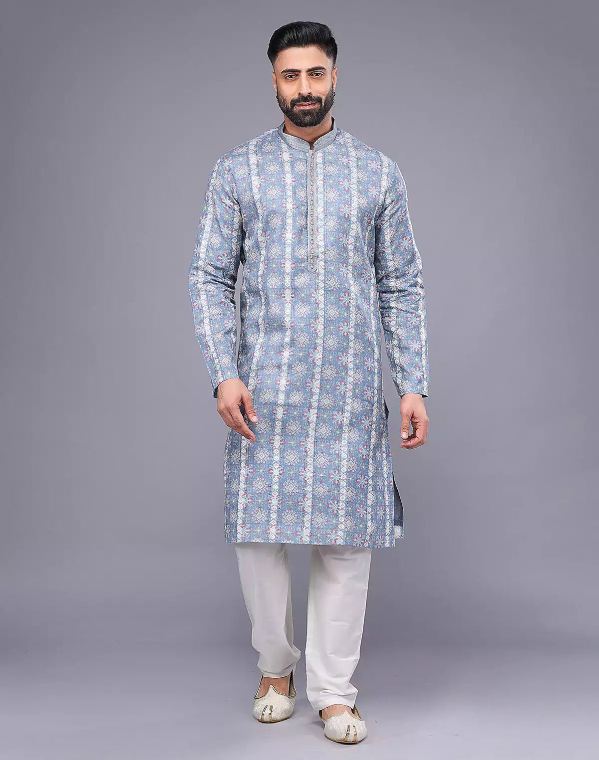 Image of Grey All Over Floral Print Soft Silk Kurta Pyjama Set - South India Shopping Mall