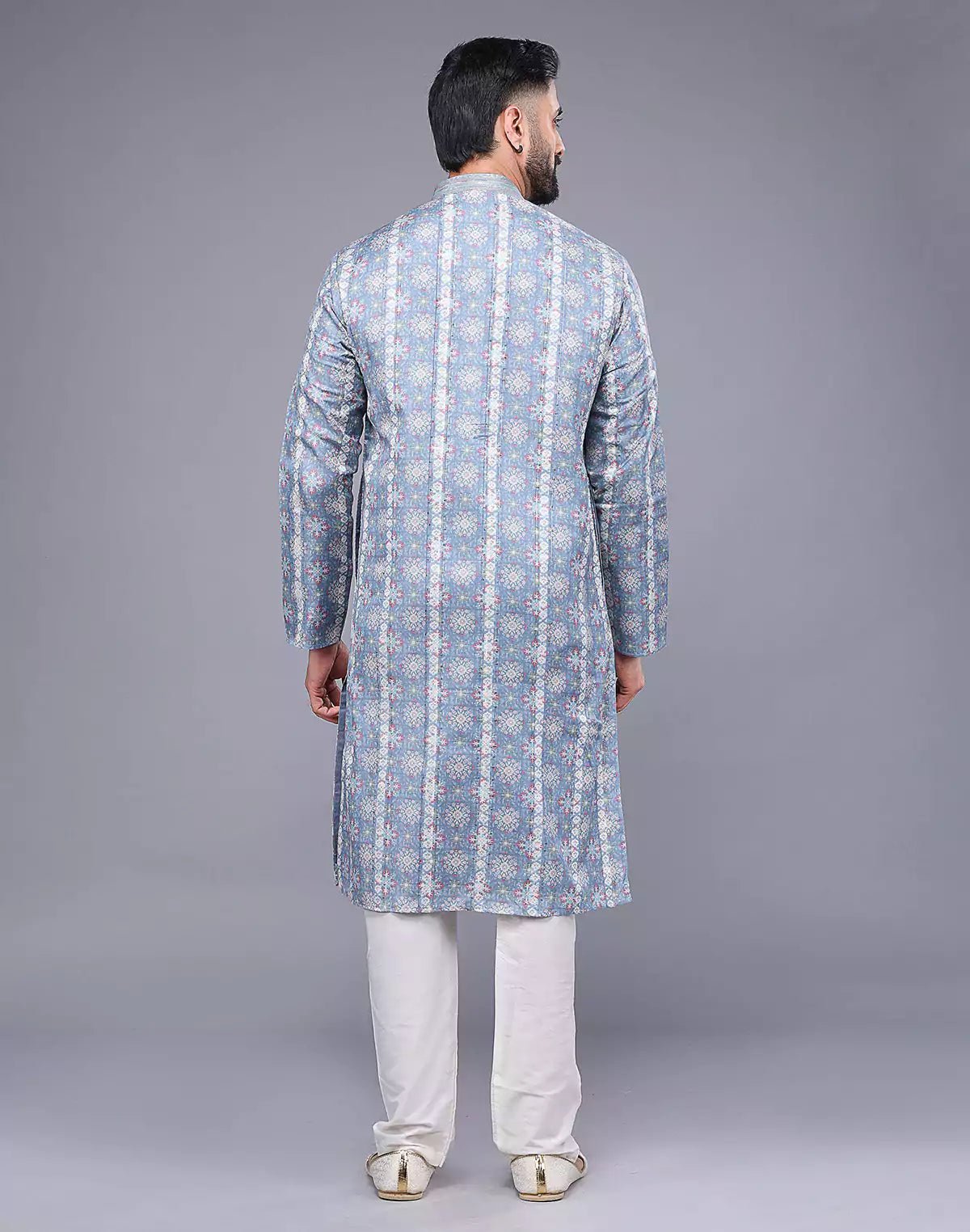 Image of Grey All Over Floral Print Soft Silk Kurta Pyjama Set - South India Shopping Mall