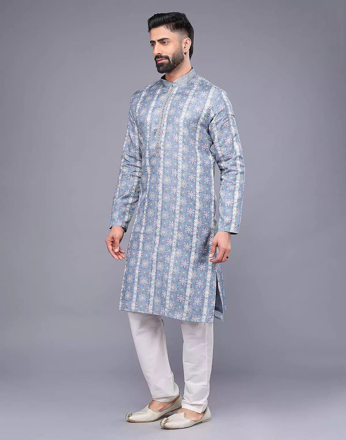 Image of Grey All Over Floral Print Soft Silk Kurta Pyjama Set - South India Shopping Mall