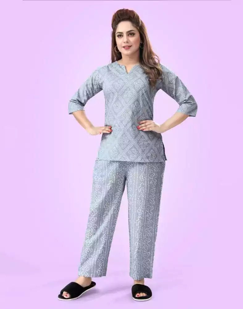 Image of Grey Bandhini Cotton Printed Night Suit - South India Shopping Mall