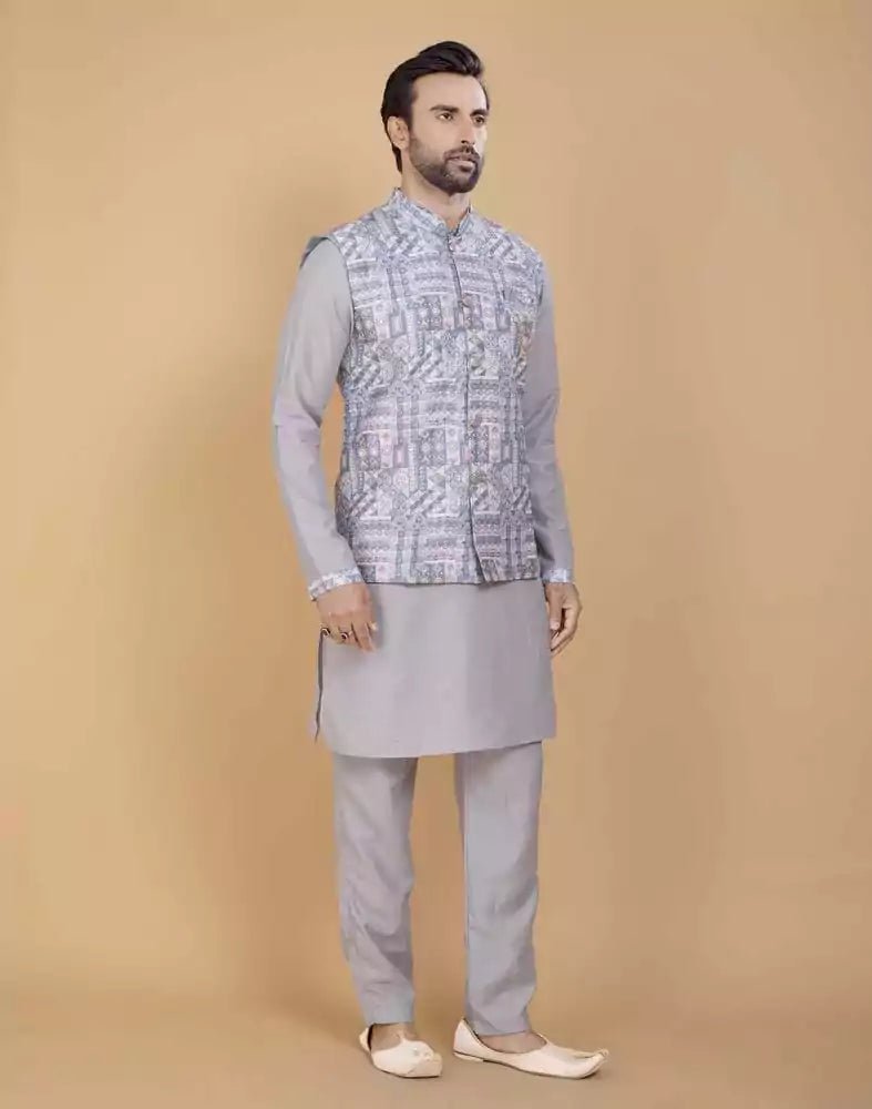 Grey Brocade With Gold Zari Work Kurta Jacket Set - South India Shopping Mall