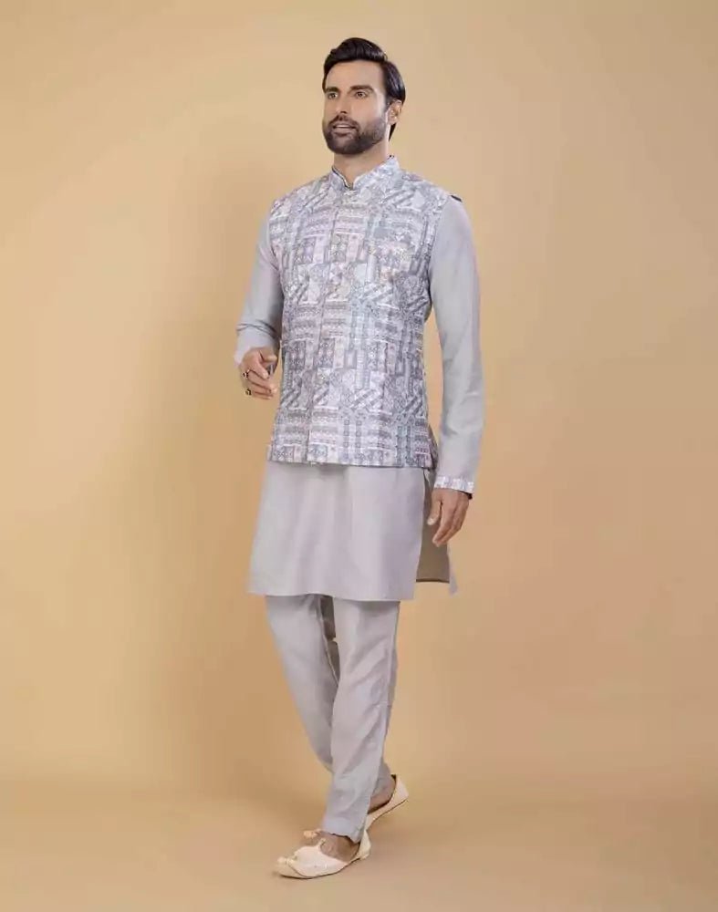 Image of Grey Brocade With Gold Zari Work Kurta Jacket Set - South India Shopping Mall