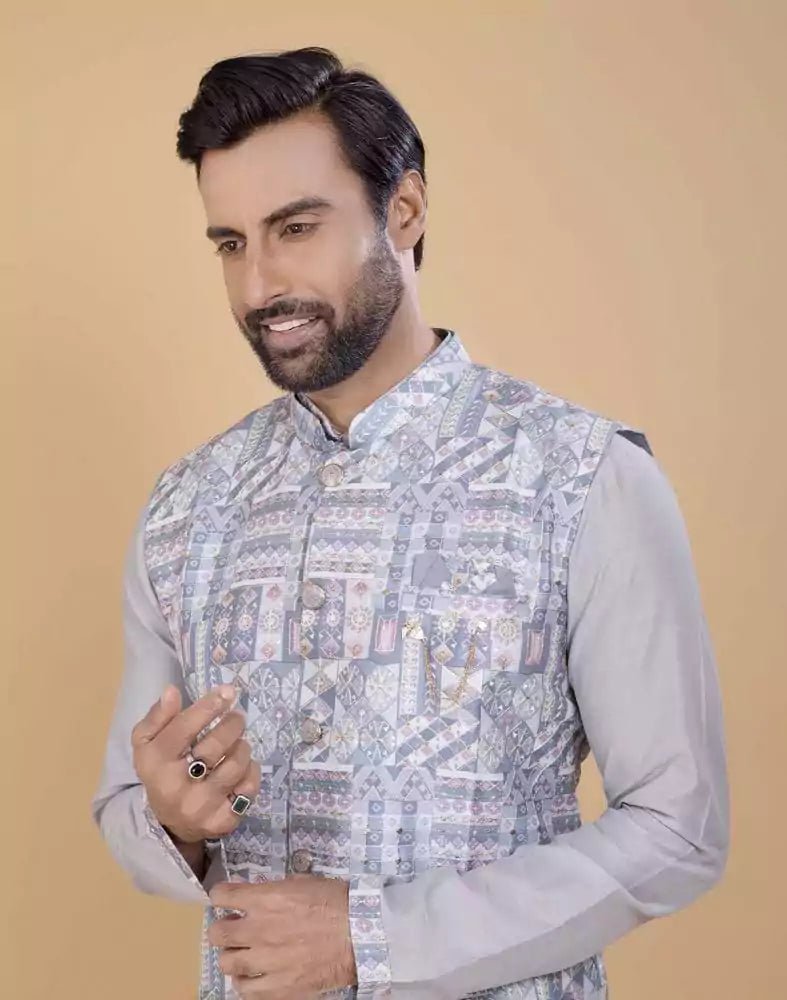 Image of Grey Brocade With Gold Zari Work Kurta Jacket Set - South India Shopping Mall