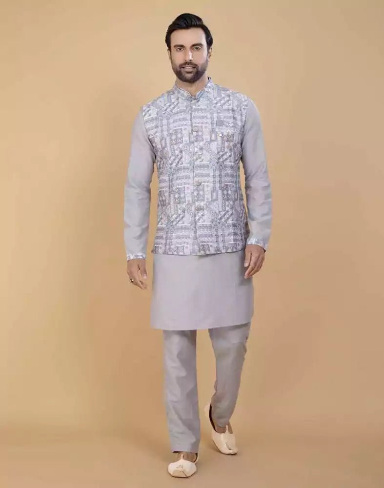 Grey Brocade With Gold Zari Work Kurta Jacket Set - South India Shopping Mall