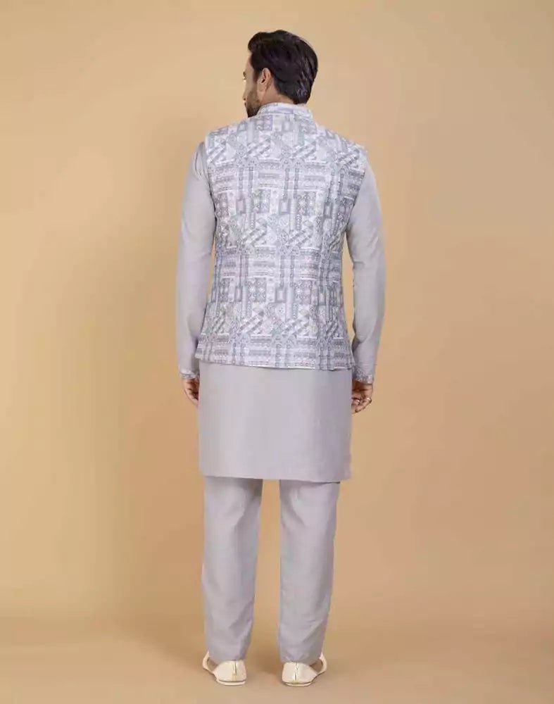 Grey Brocade With Gold Zari Work Kurta Jacket Set - South India Shopping Mall