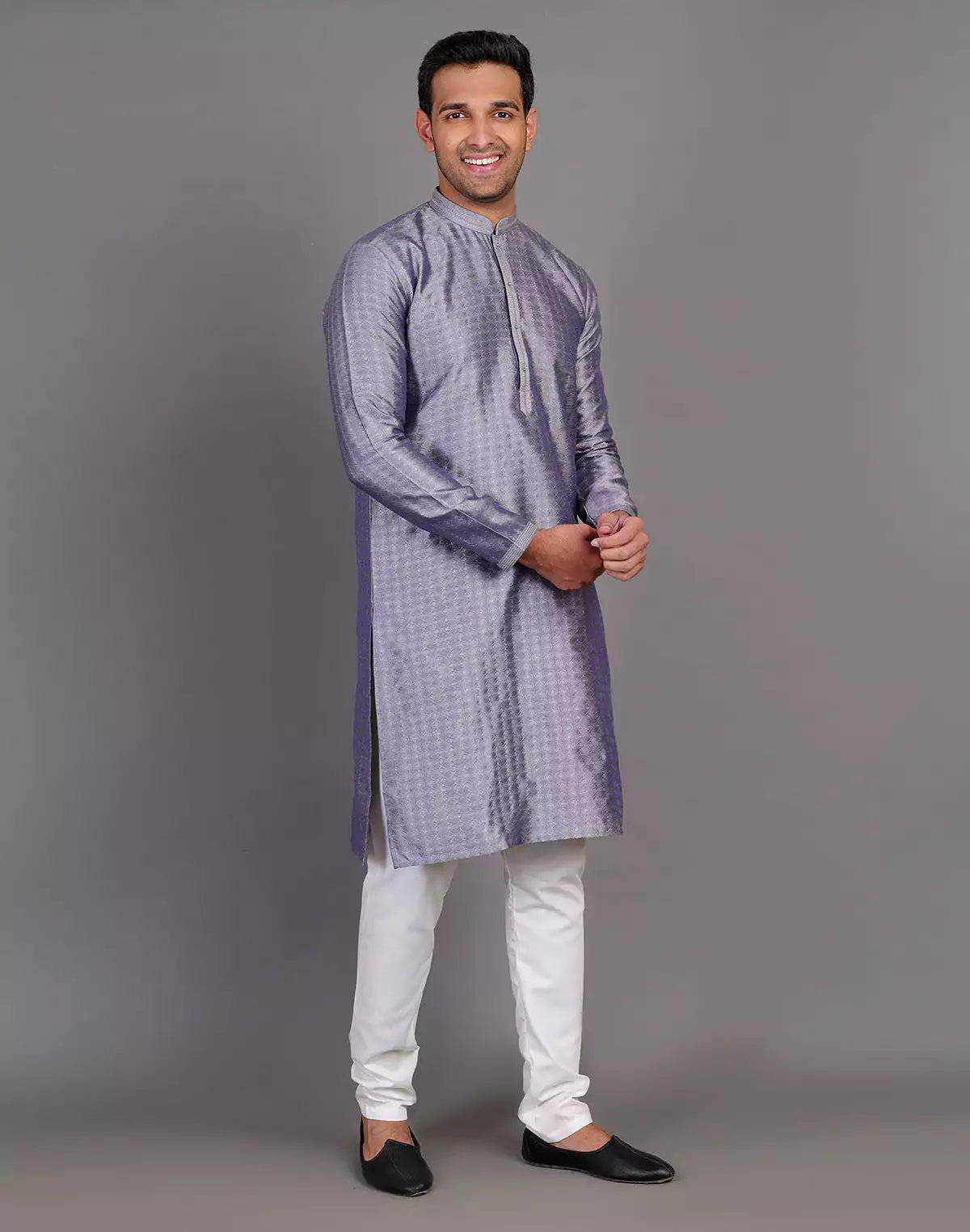 Image of Grey Coloured Self Design Stones Work Soft Silk Kurta Set - South India Shopping Mall