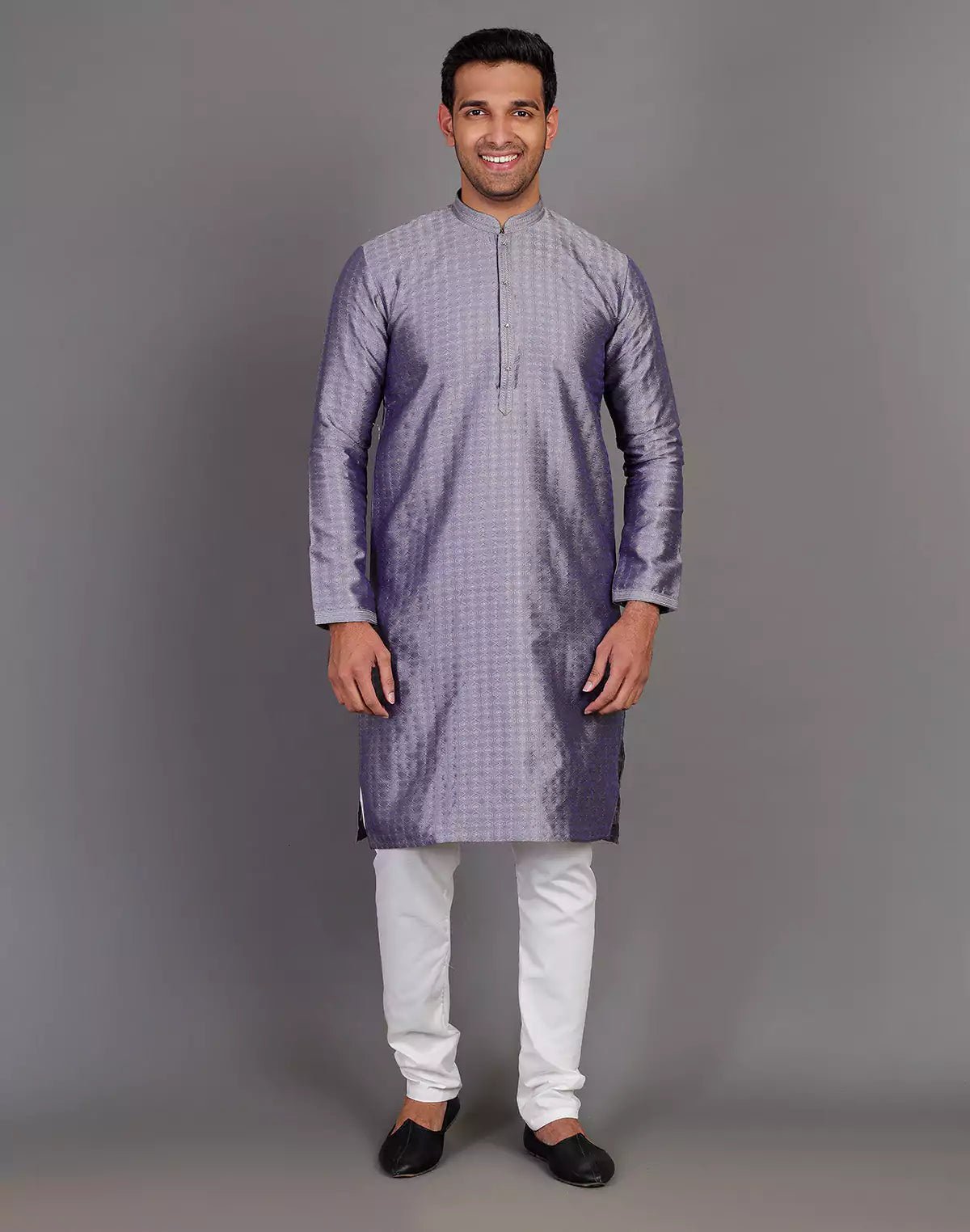 Image of Grey Coloured Self Design Stones Work Soft Silk Kurta Set - South India Shopping Mall