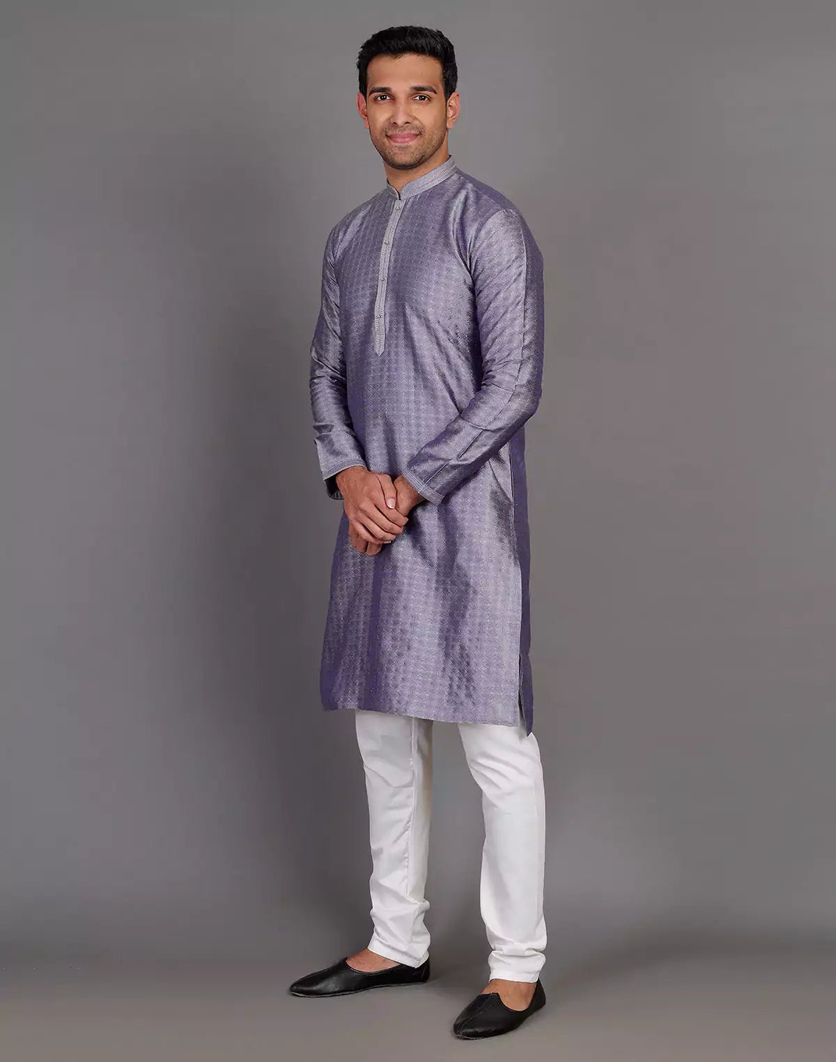 Image of Grey Coloured Self Design Stones Work Soft Silk Kurta Set - South India Shopping Mall