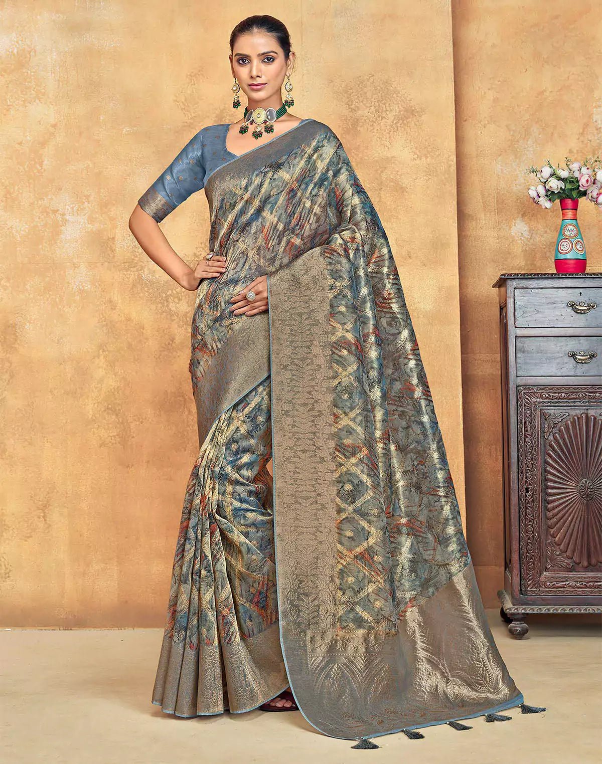 Image of Grey Coloured Stylish Pattern Organza Saree - South India Shopping Mall