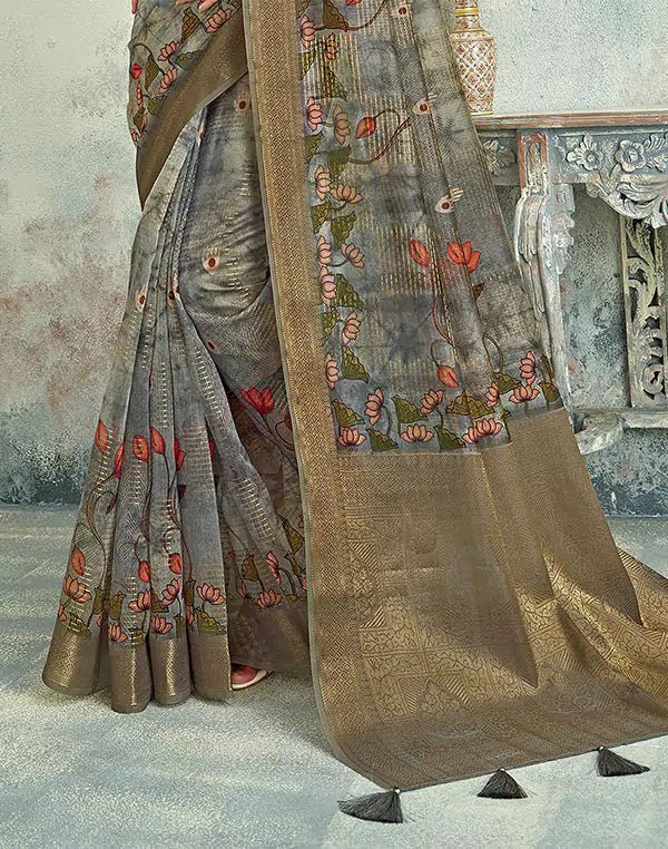 Image of Grey Digital Floral Print Tissue Saree - South India Shopping Mall