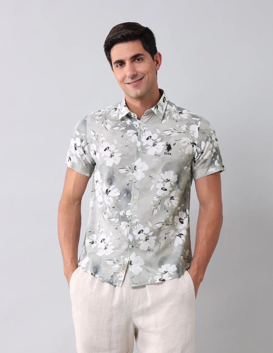 Image of Grey Digital Floral Printed Cotton Blend Casual Half Sleeve Shirt - South India Shopping Mall