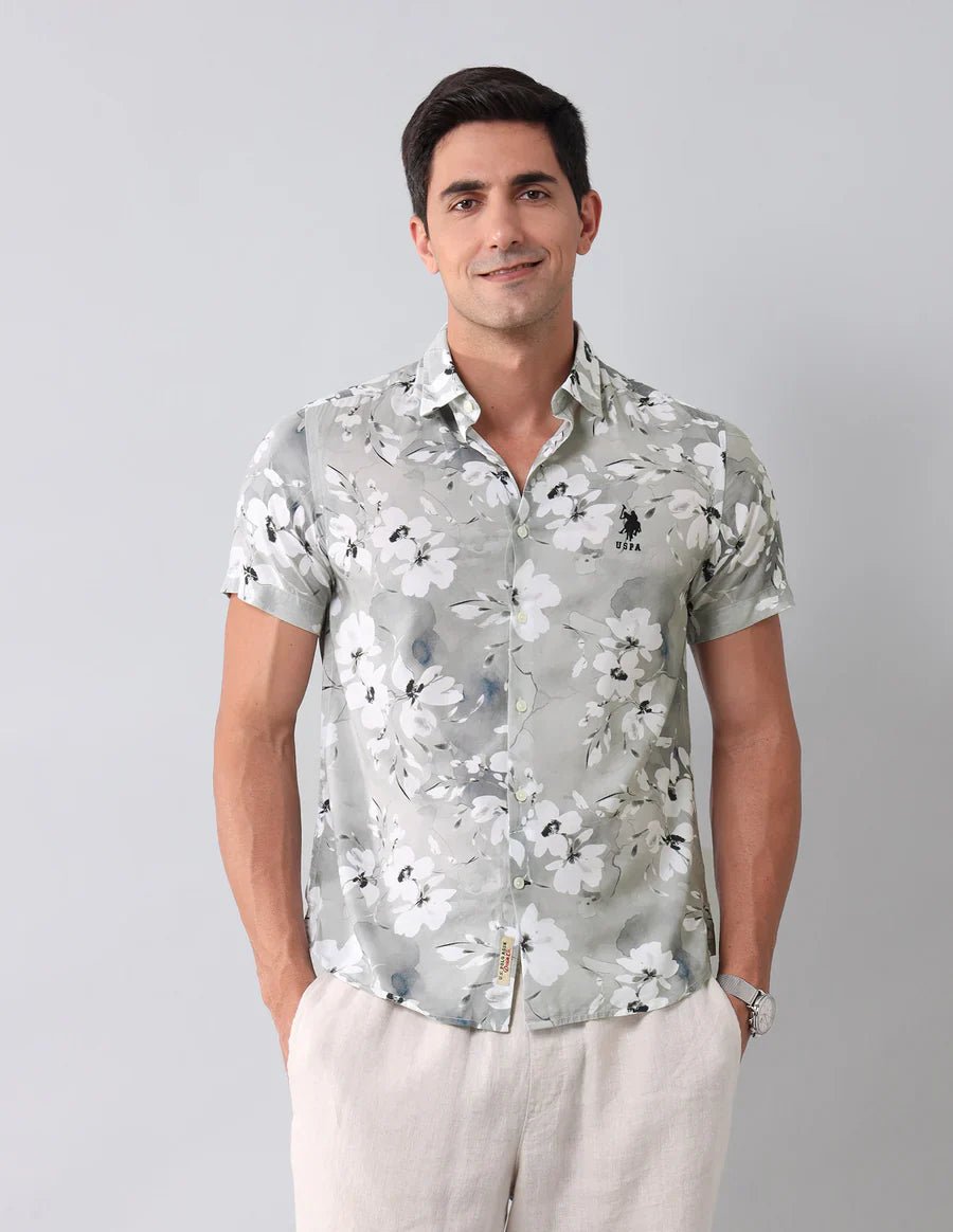 Image of Grey Digital Floral Printed Cotton Blend Casual Half Sleeve Shirt - South India Shopping Mall