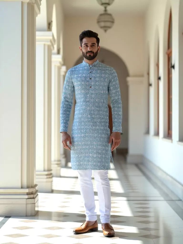 Image of Grey Floral Ethnic Motifs Cotton Kurta Set - South India Shopping Mall