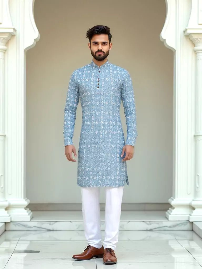Image of Grey Floral Ethnic Motifs Cotton Kurta Set - South India Shopping Mall