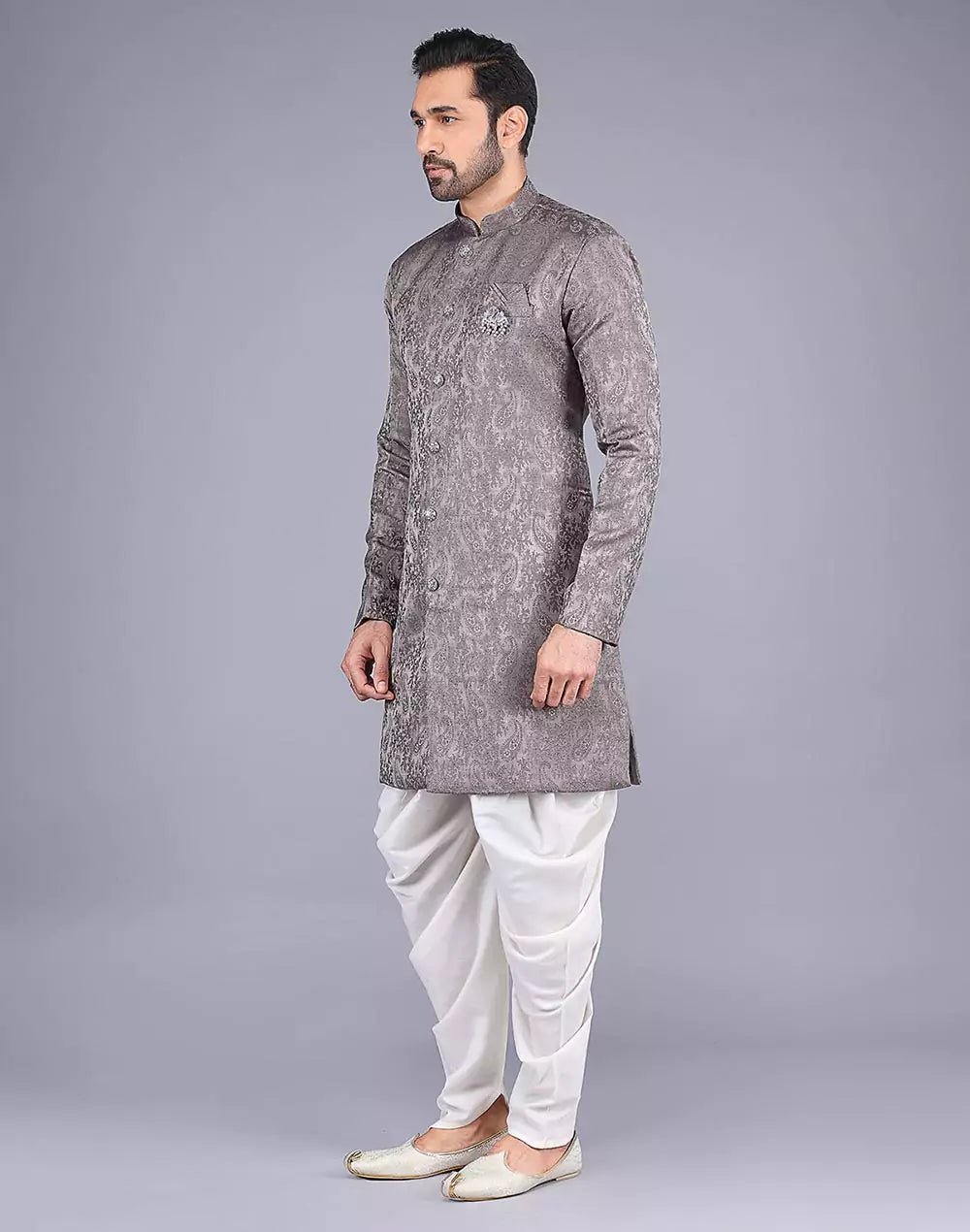 Image of Grey Floral Patterned Jacquard Semi - Indo - South India Shopping Mall