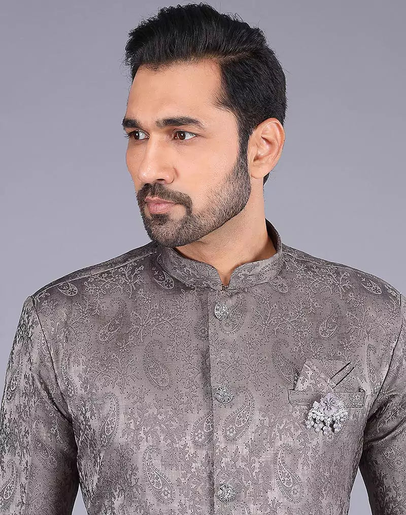 Image of Grey Floral Patterned Jacquard Semi - Indo - South India Shopping Mall